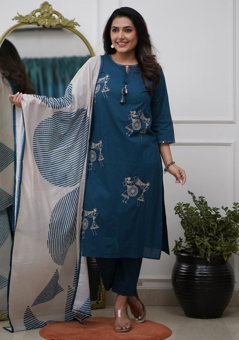 Blue Thread Work Pure Silk Kurta Set With Dupatta - Indya