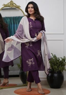 Wine Thread Work Pure Silk Kurta Set With Dupatta