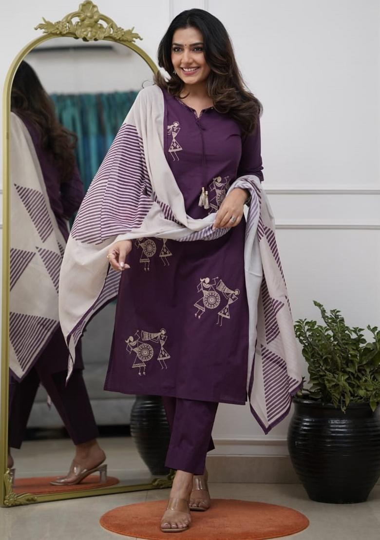 Wine Thread Work Pure Silk Kurta Set With Dupatta - Indya