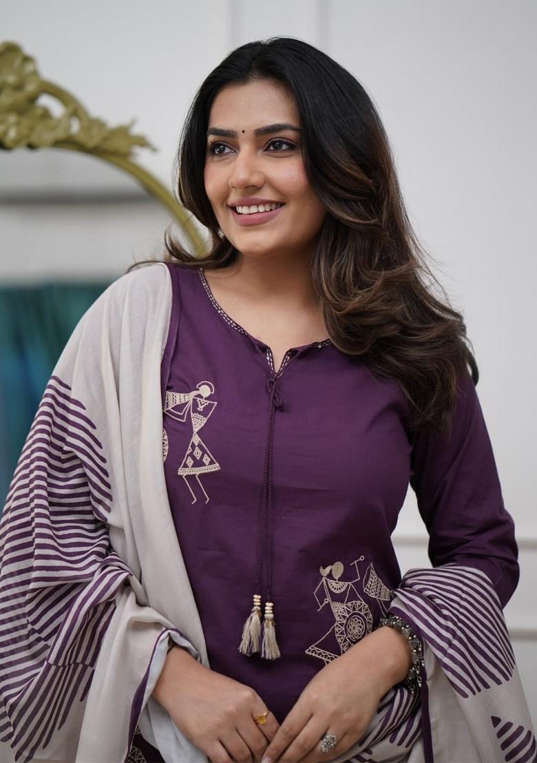 Wine Thread Work Pure Silk Kurta Set With Dupatta - Indya