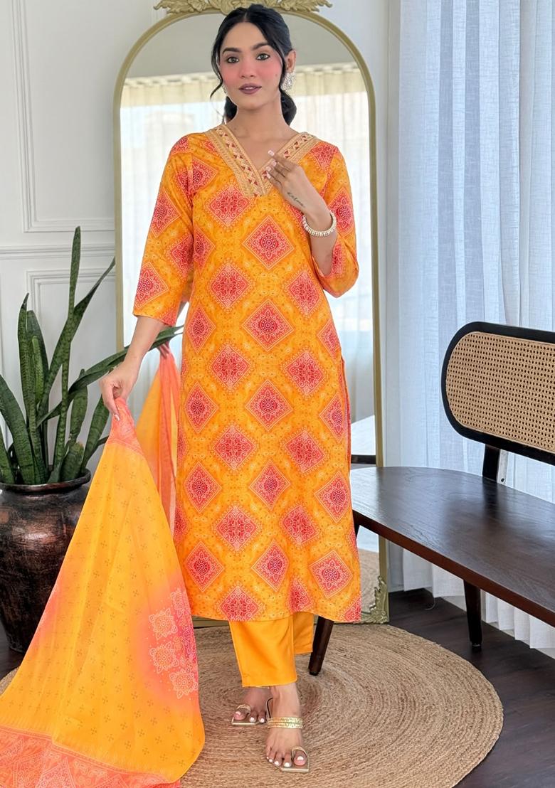 Yellow Printed Rayon Kurta Set