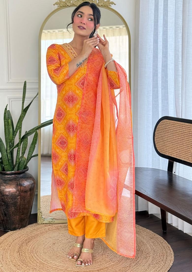 Yellow Printed Rayon Kurta Set