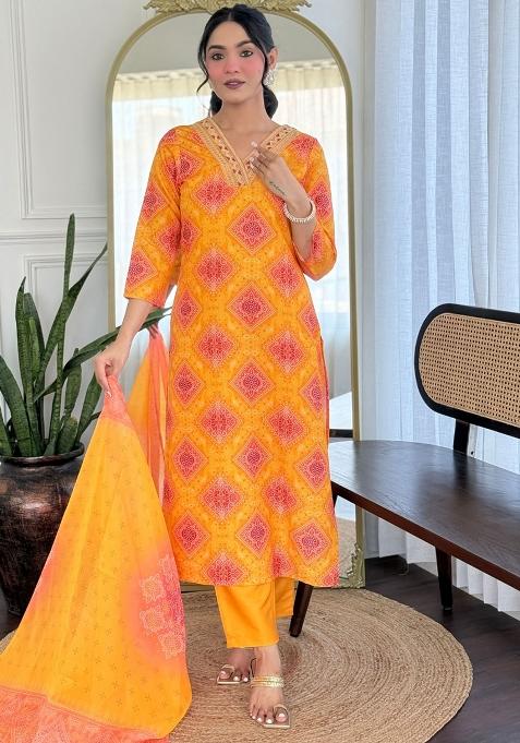Yellow Printed Rayon Kurta Set
