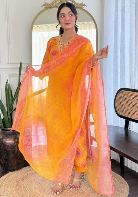 Yellow Printed Rayon Kurta Set