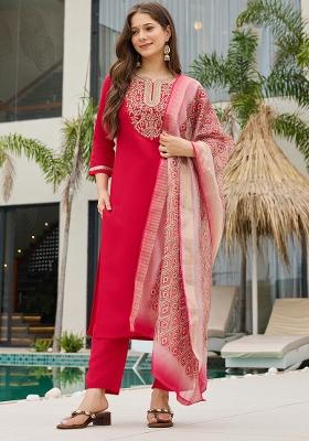 Red Embroidery Rayon Slub Kurta Set