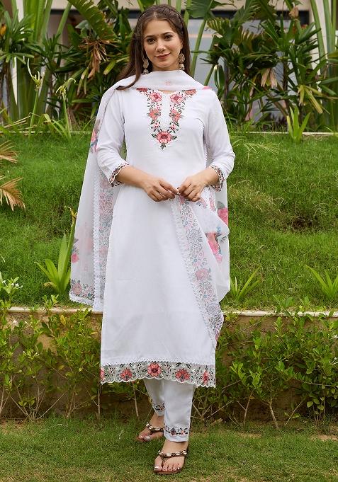 White Thread Work Viscose Kurta Set