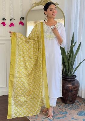 White Embroidery Viscose Kurta Set