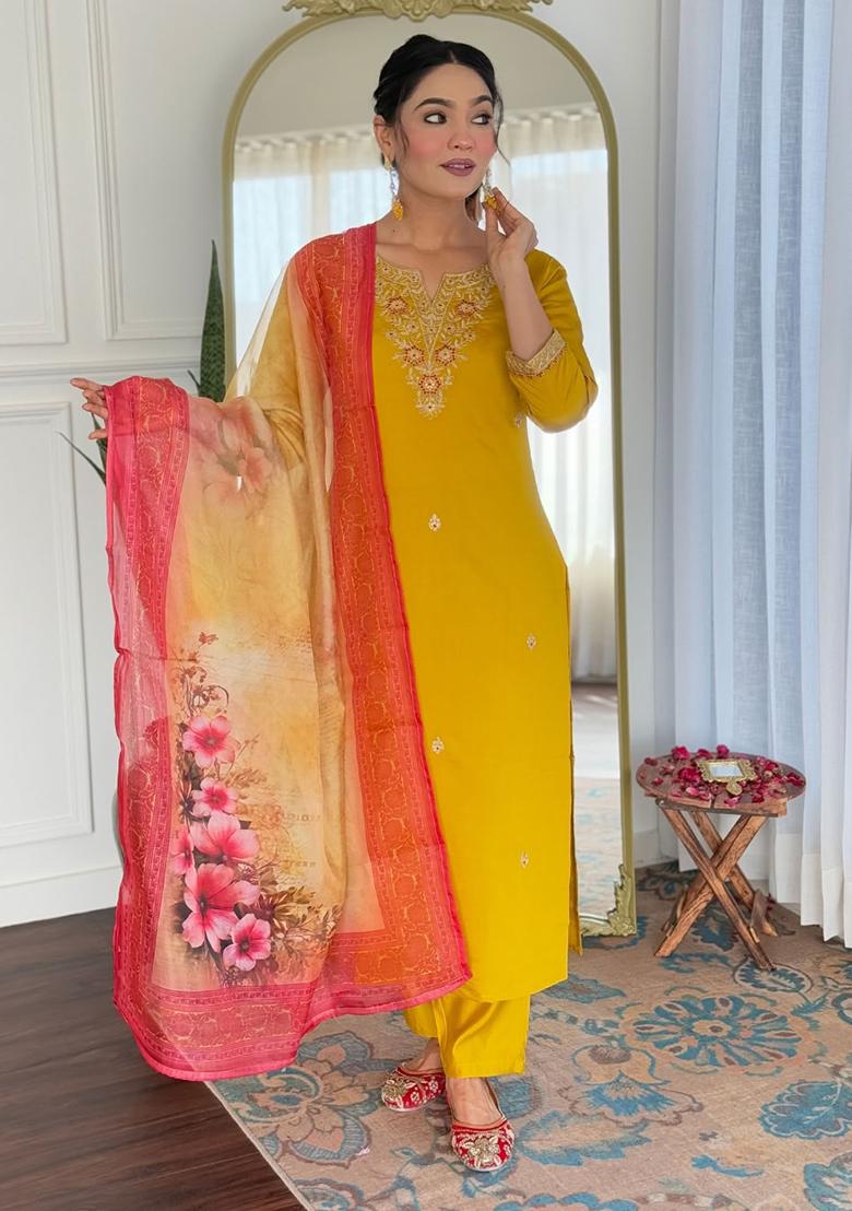 Mustard Embroidery Rayon Kurta Set - Indya