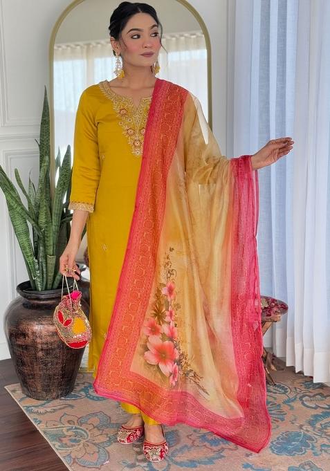 Mustard Embroidery Rayon Kurta Set