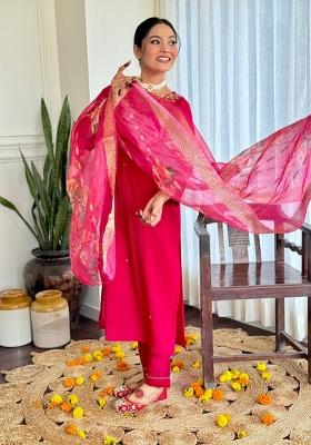 Red Embroidery Viscose Kurta Set