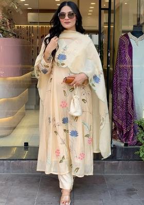 White Thread Work Cotton Kurta Set