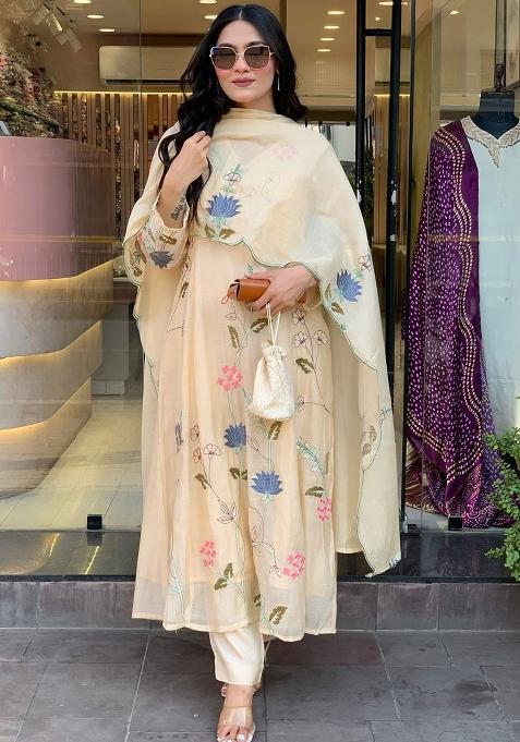 White Thread Work Cotton Kurta Set