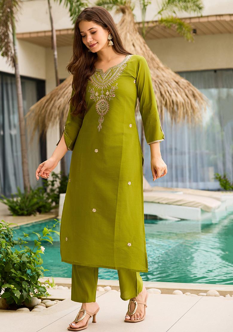 Lime Green Embroidery Viscose Kurta Set - Indya