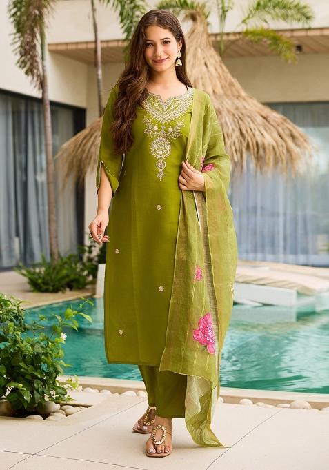 Lime Green Embroidery Viscose Kurta Set
