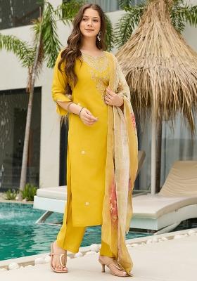 Mustard Embroidery Viscose Kurta Set