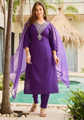 Violet Embroidery Rayon Slub Kurta Set