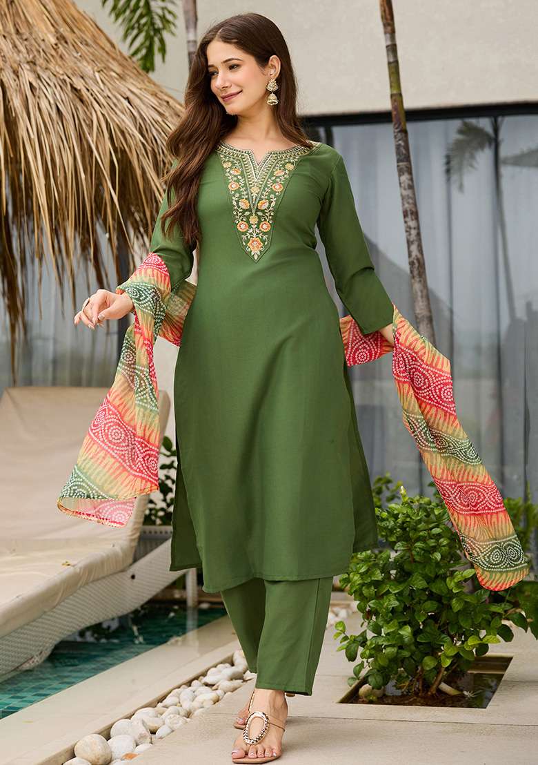 Mehendi Embroidery Rayon Kurta Set - Indya