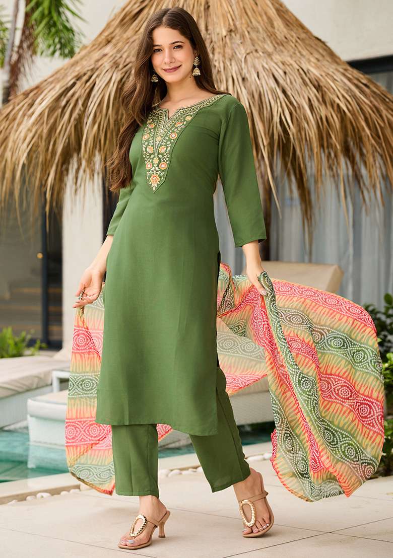 Mehendi Embroidery Rayon Kurta Set - Indya