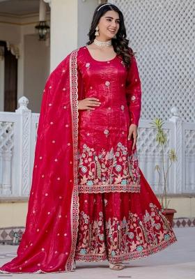 Red Embroidery Blended Kurta Set