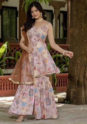 Peach Printed Chinon Kurta Set