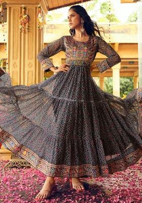 Navy Blue Printed Georgette Gown