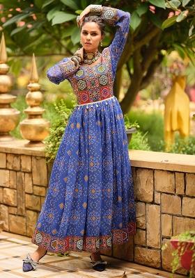Blue Printed Georgette Gown