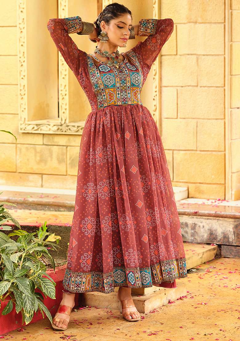Maroon Printed Georgette Gown - Indya