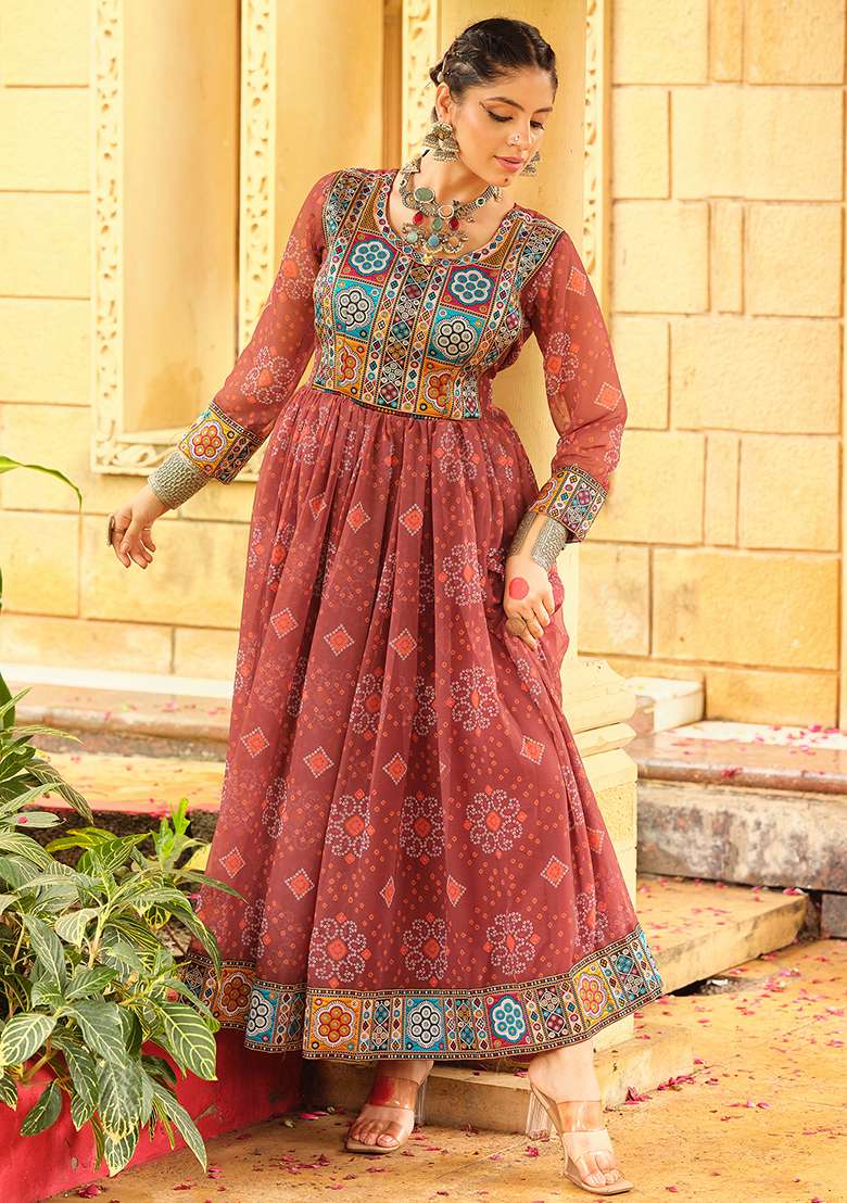 Maroon Printed Georgette Gown - Indya