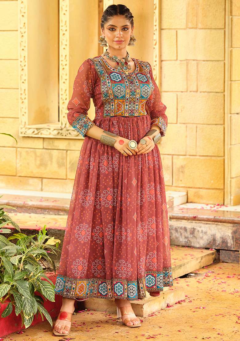 Maroon Printed Georgette Gown - Indya
