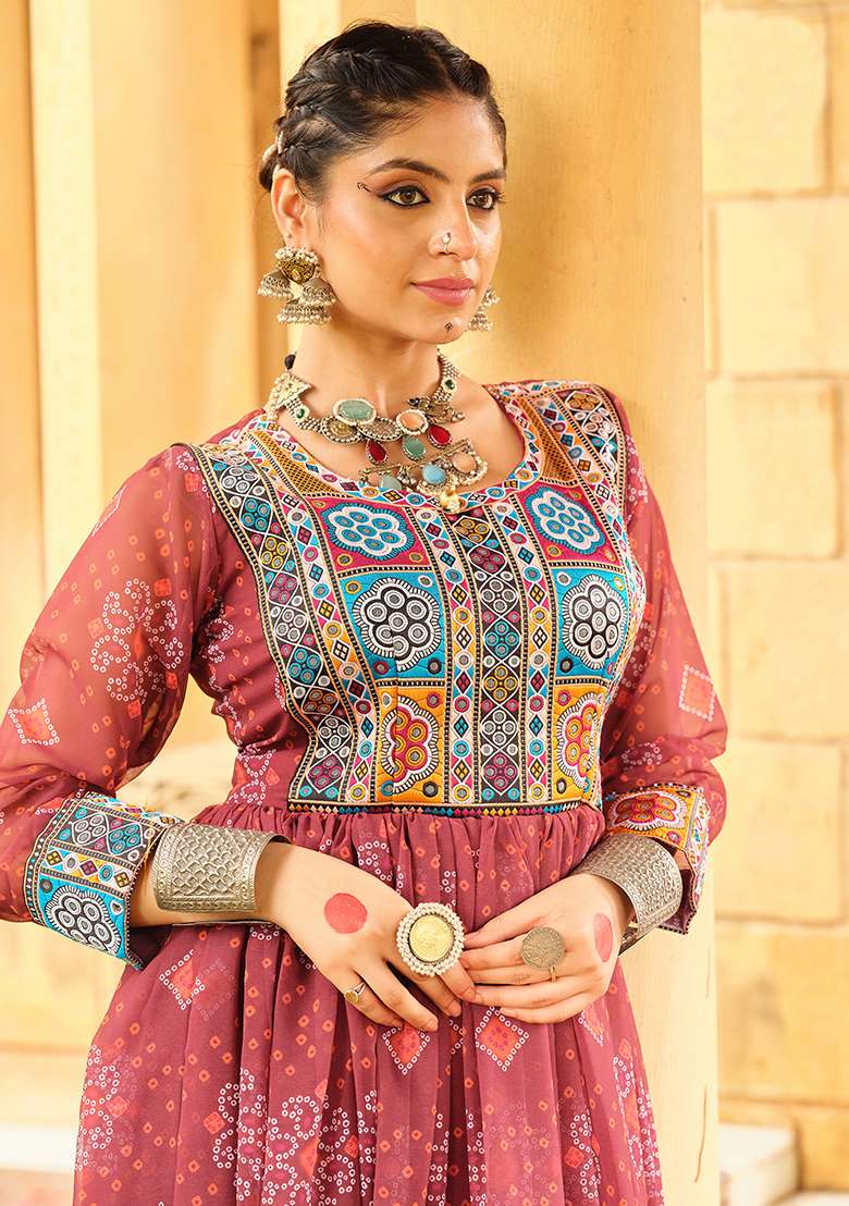 Maroon Printed Georgette Gown - Indya