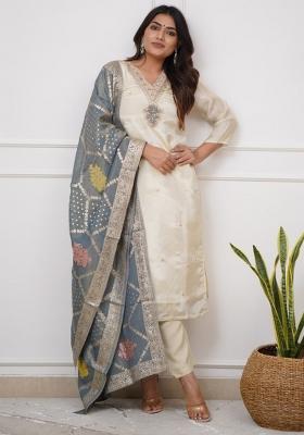 Off White Embroidery Viscose Chanderi Kurta Set