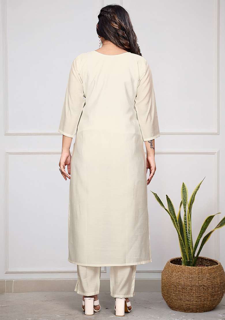 Off White Embroidered Viscose Pakistani Suit Set - Indya