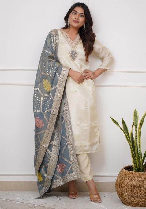 Off White Embroidery Viscose Chanderi Kurta Set