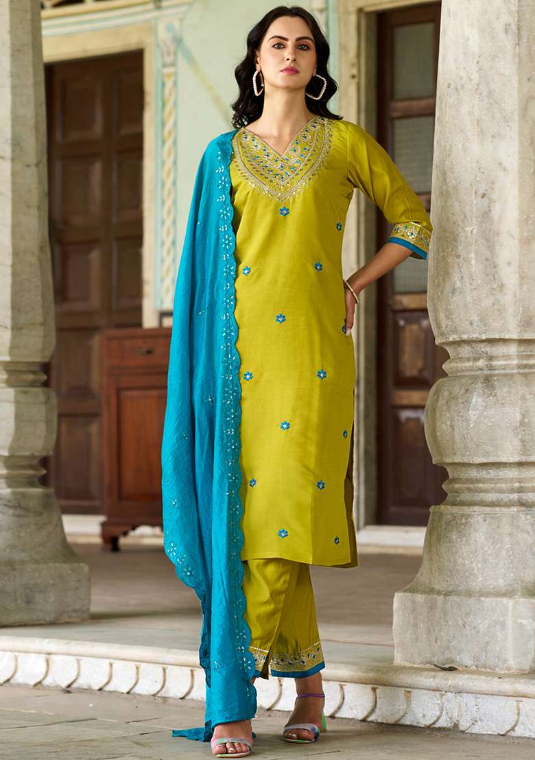 Lemon Embroidered Chanderi Straight Kurta Set - Indya
