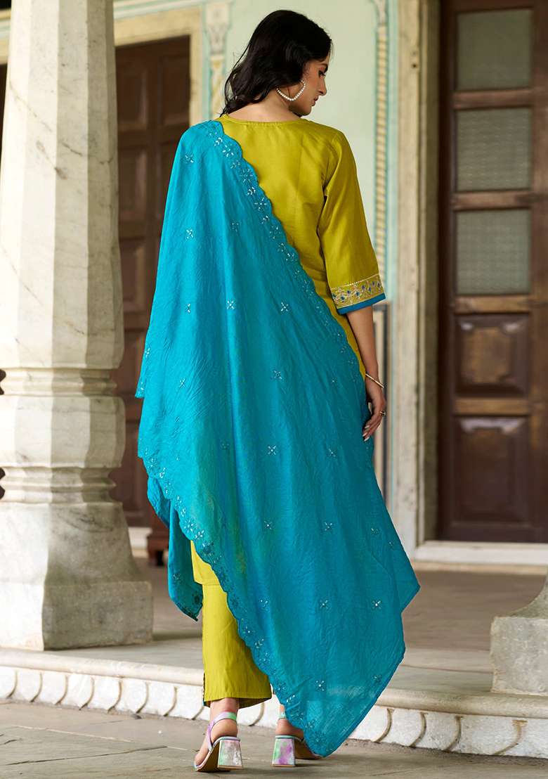 Lemon Embroidered Chanderi Straight Kurta Set - Indya