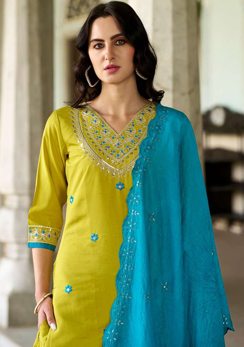 Lemon Embroidered Chanderi Straight Kurta Set - Indya