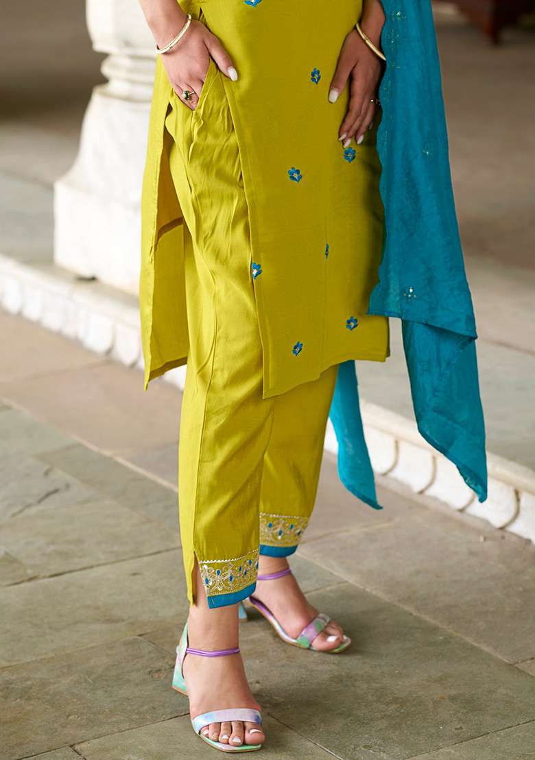 Lemon Embroidered Chanderi Straight Kurta Set - Indya