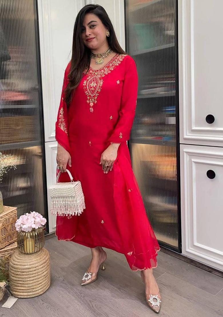 Red Embroidery Rayon Kurta Set