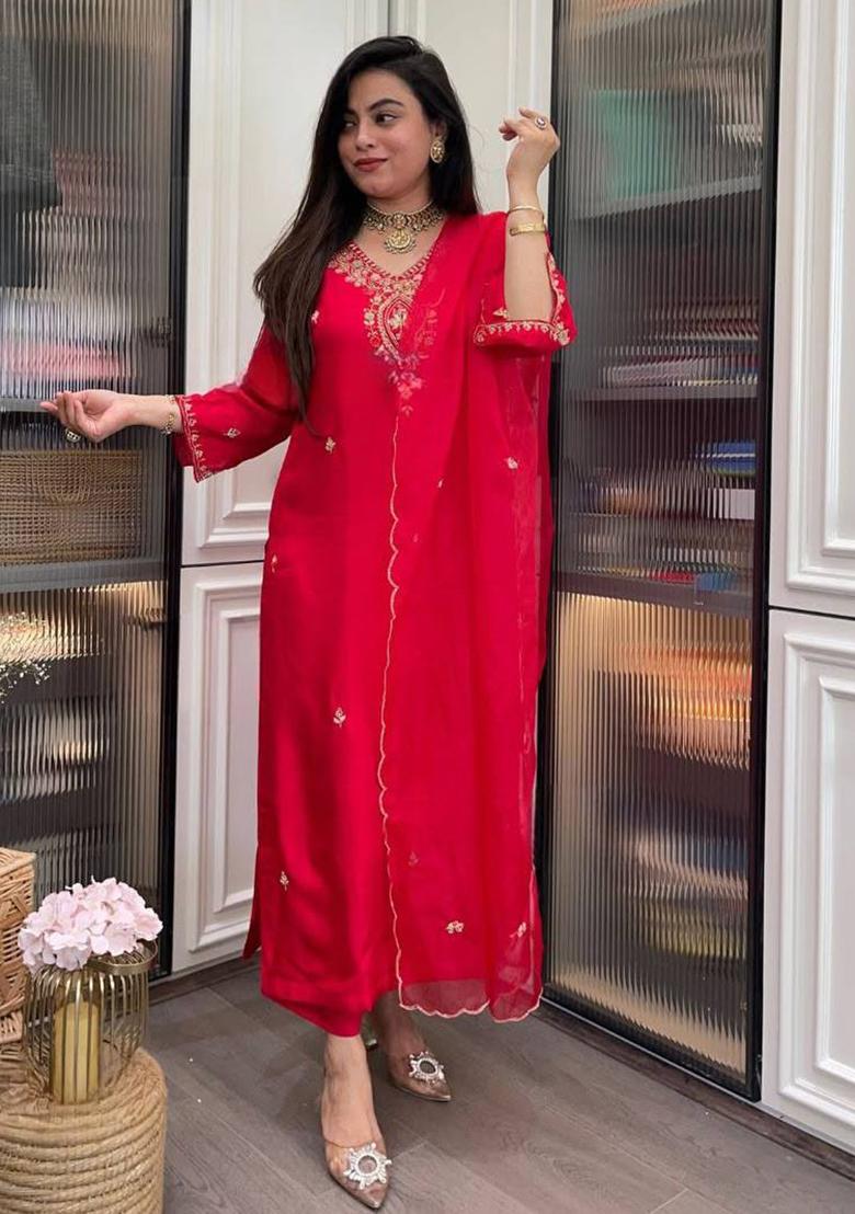 Red Embroidery Rayon Kurta Set
