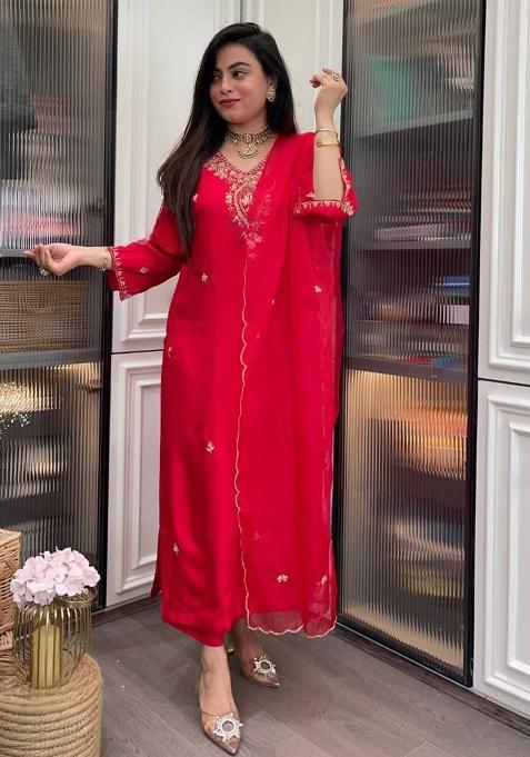 Red Embroidery Rayon Kurta Set