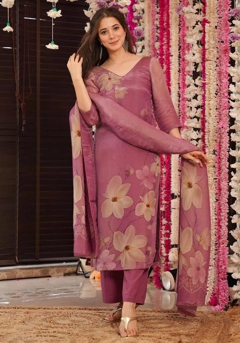 Onion Floral Print Silk Pakistani Suit Set — view on Indya