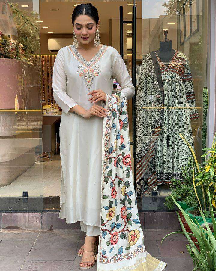 Off White Embroidered Viscose Straight Kurta Set - Indya