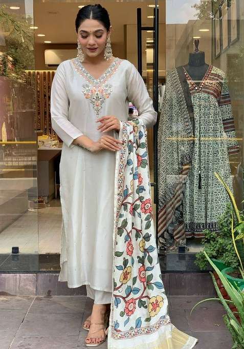 Off White Embroidered Viscose Straight Kurta Set