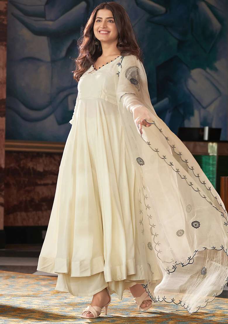 Cream Embroidered Silk Blend Anarkali Set - Indya