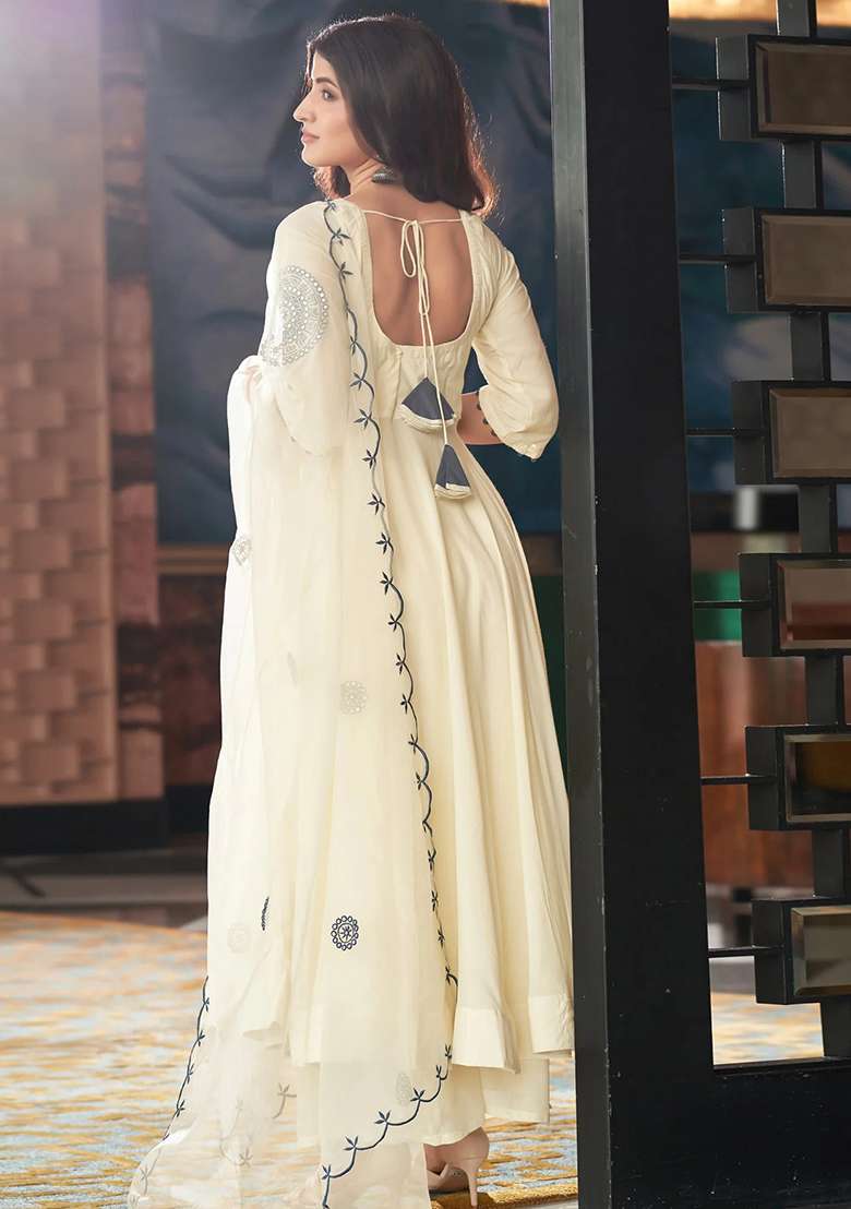 Cream Embroidered Silk Blend Anarkali Set - Indya
