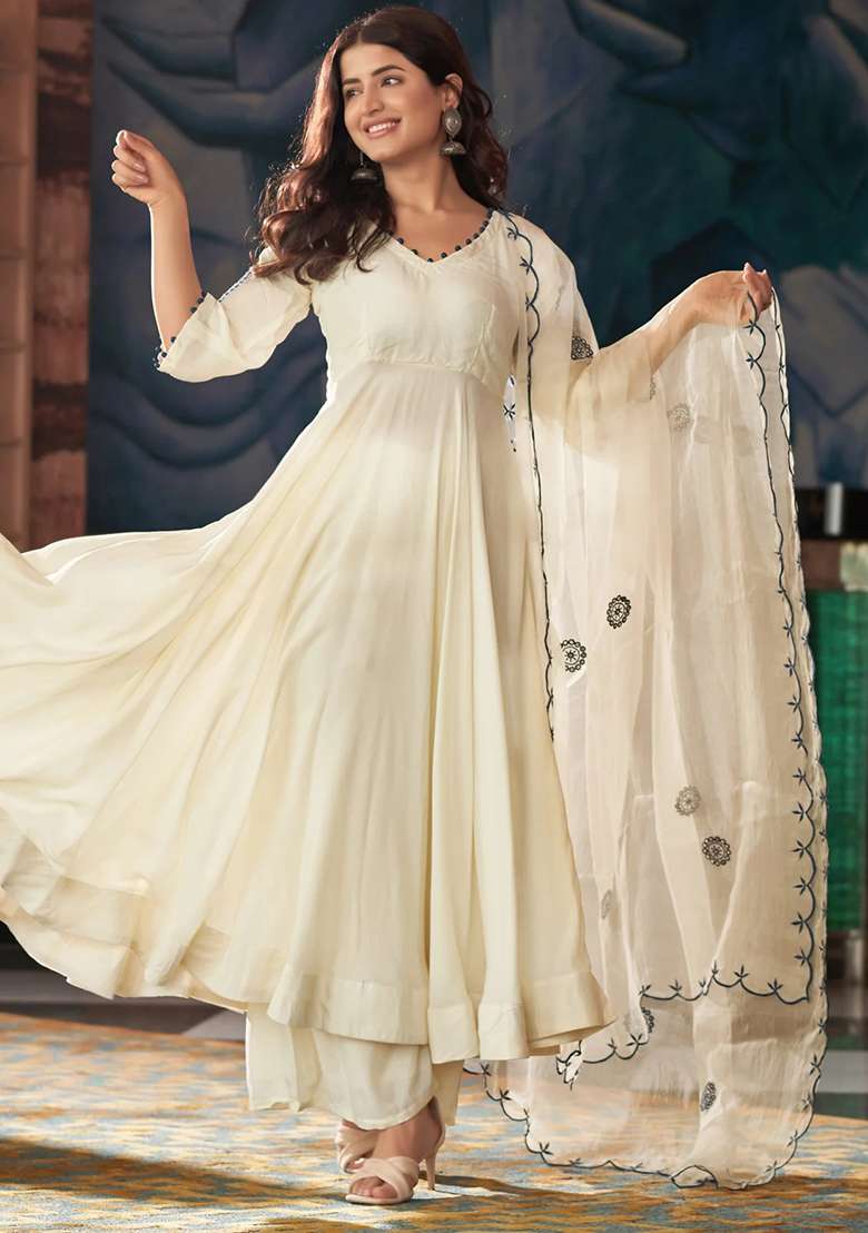 Cream Embroidered Silk Blend Anarkali Set - Indya