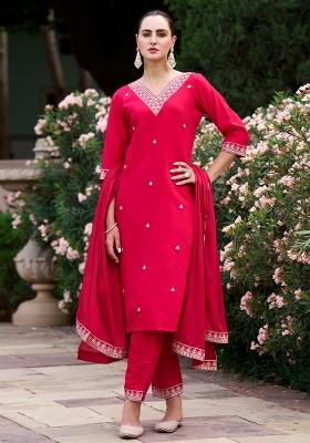 Red Embroidery Rayon Slub Kurta Set