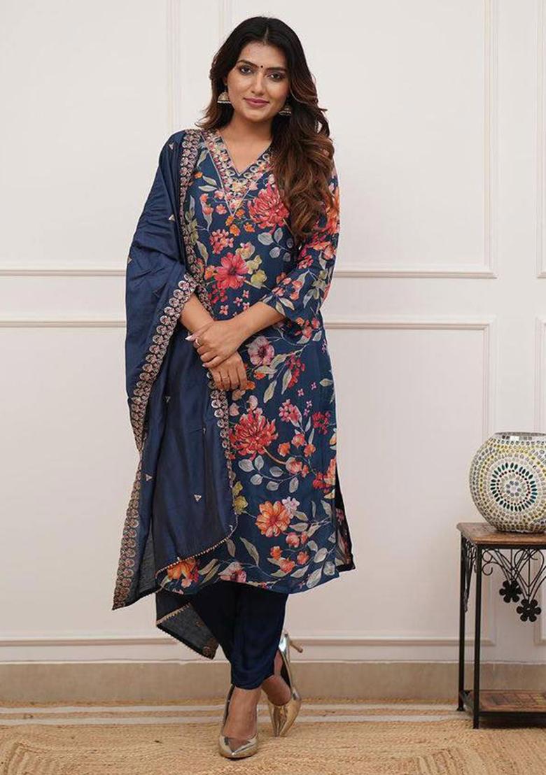 Blue Printed Pure Russian Silk Kurta Set