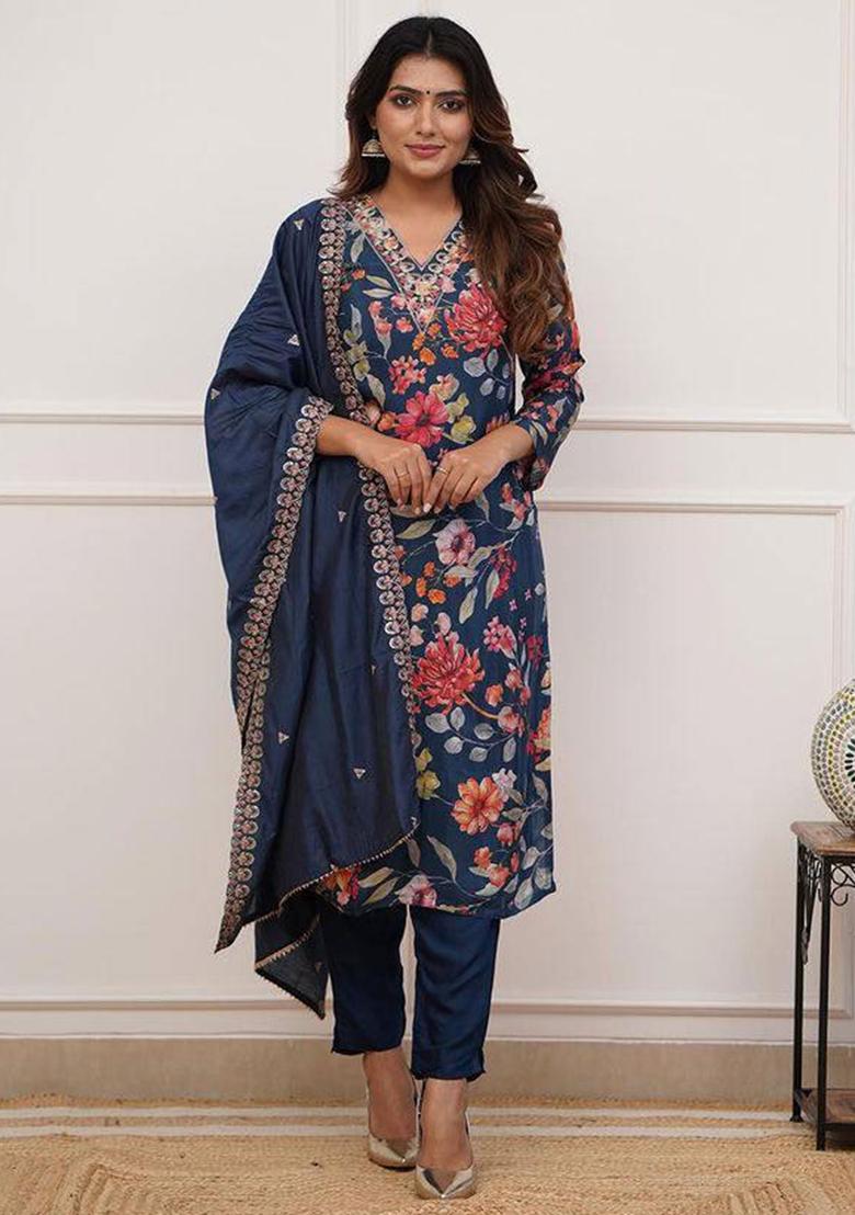Blue Printed Pure Russian Silk Kurta Set