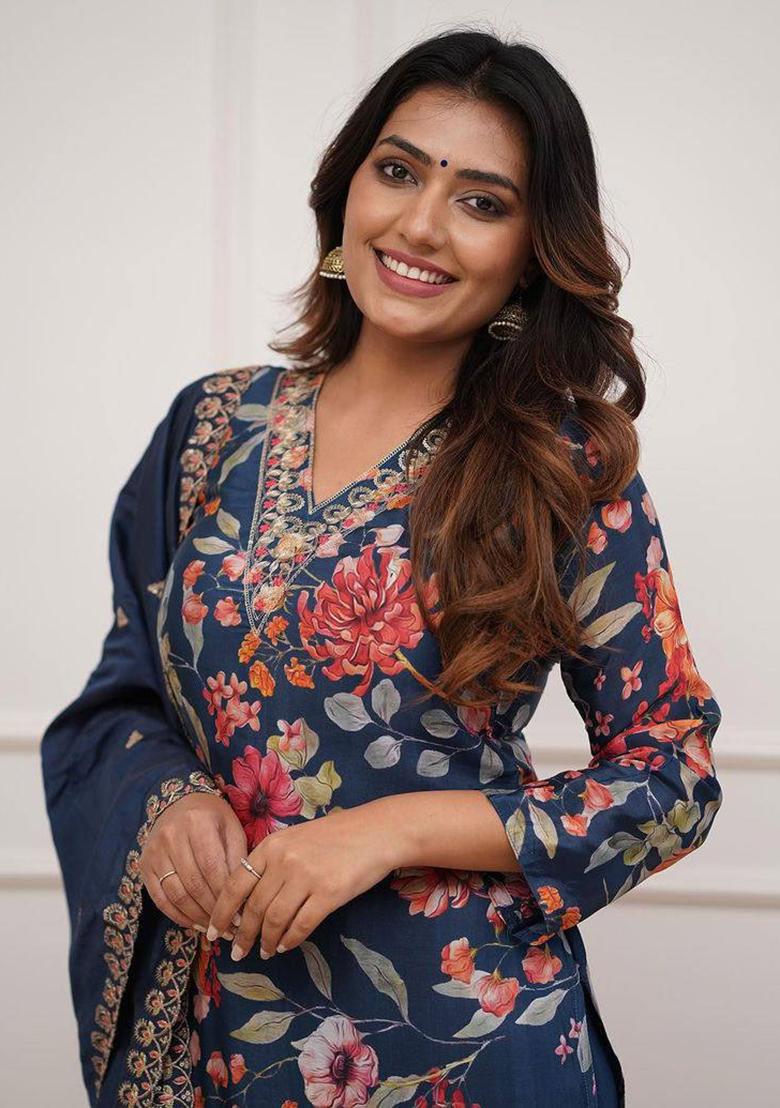 Blue Printed Pure Russian Silk Kurta Set